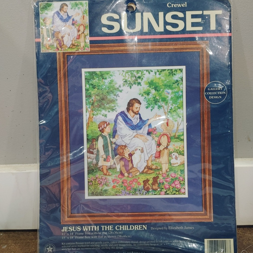 Sunset Crewel Kit Jesus With The Children 1996 Elizabeth James Vintage 11x14